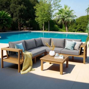 L-Shaped 4-Piece Wood Outdoor Patio Sofa Set with Coffee Table – Corner Garden & Deck Seating