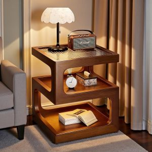 Solid Wood LED Nightstand 3 Tier Open Storage Bedside Table