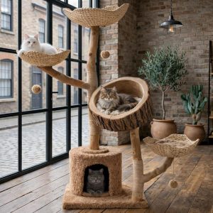 Natural Wood Cat Tree – Multi-Level Woven Basket Condo, 59"