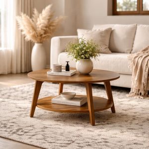 Round Wooden Coffee Table with Storage Shelf, Scandinavian Oak Living Room Furniture