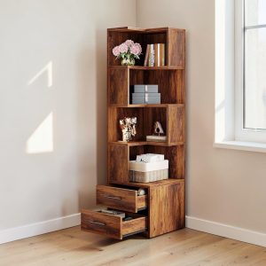 5 Tier Corner Bookshelf with Drawers – Mid Century Modern Bookcase
