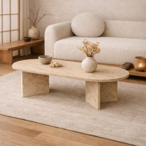 Travertine Coffee Table, Oval Stone Look Table, Japandi Minimal Living Room Coffee Table, 100–130 cm